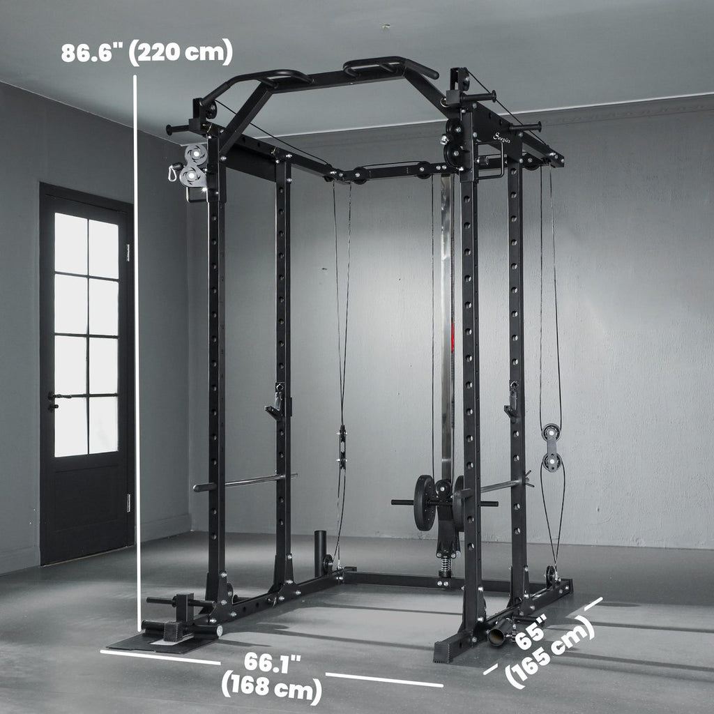 Multi-Functional Power Rack, Smith Machine Cable Crossover System with Pull Up Bar, Lat-Pull Down System, Landmine