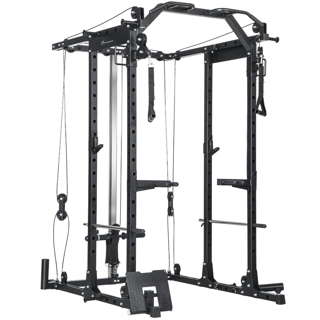 Multi-Functional Power Rack, Smith Machine Cable Crossover System with Pull Up Bar, Lat-Pull Down System, Landmine