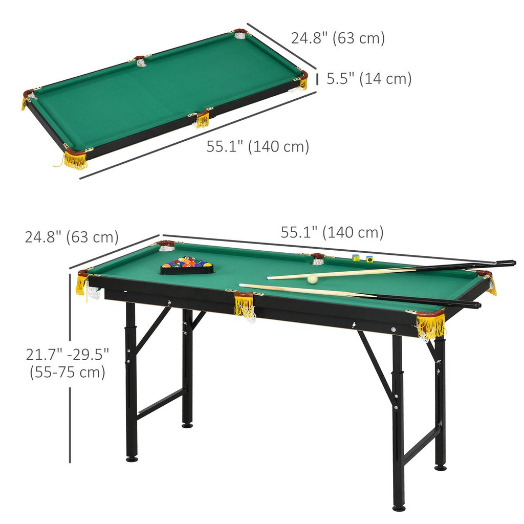 55" Pool Table Set Folding Billiard Table with Adjustable Height, 2 Cues, 16 Balls, 2 Chalks, Triangle, Brush, Green