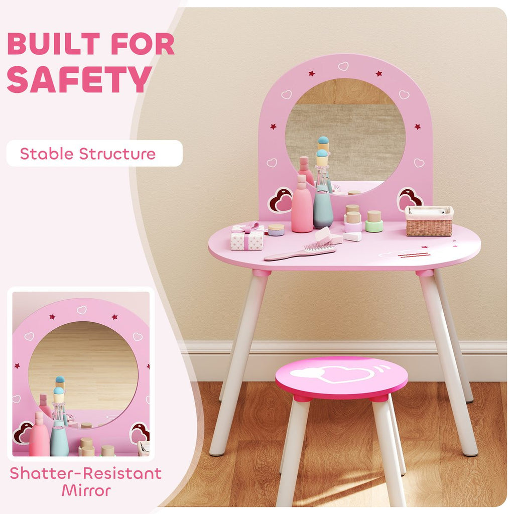 Kids Dressing Table with Mirror and Stool, Girls Vanity Set for Bedroom, Nursery, for Ages 3-6, Pink