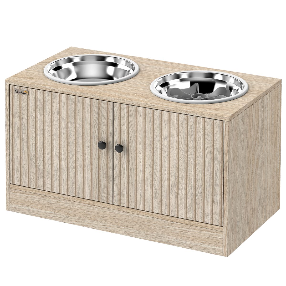 Raised Dog Bowls with Storage, Slow Feeder, 2 Stainless Steel Food and Water Bowl Non-Slip, Oak