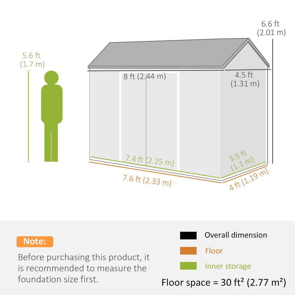 8 x 4 ft Plastic Garden Shed, Wood-Effect Outdoor Storage Shed with Floor, Windows, Lockable Doors and Vents, Dark Grey