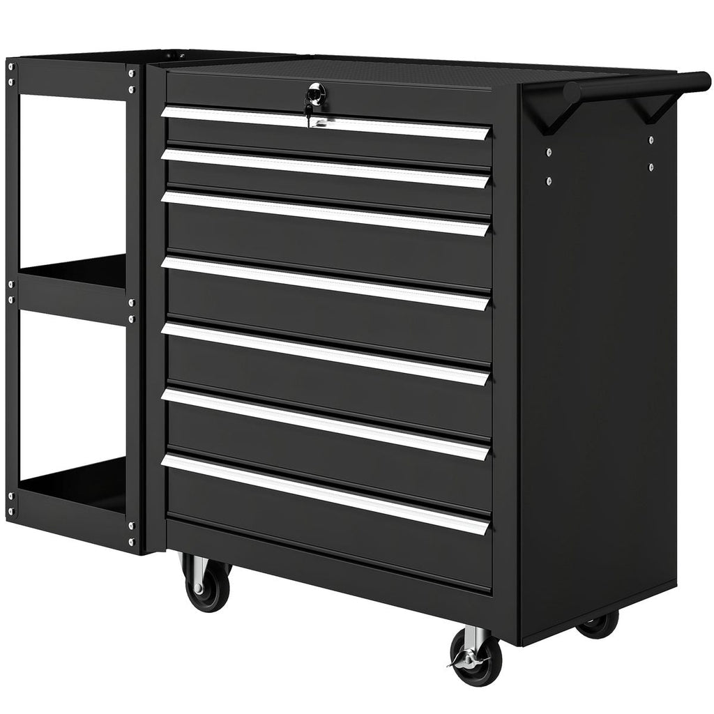 7-Drawer Rolling Tool Chest with Detachable Side Shelf, Lockable Tool Cabinet Box Organizer with Wheels, Black
