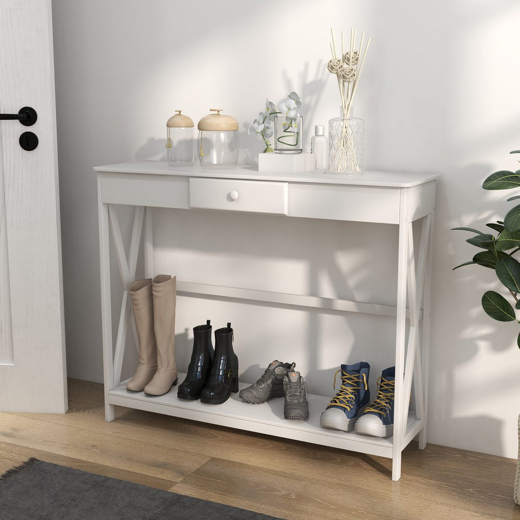 39" Console Table, 2 Tier X-Design Narrow Entryway Table with Drawer and Storage Shelf for Behind Couch, Living Room, Hallway, White