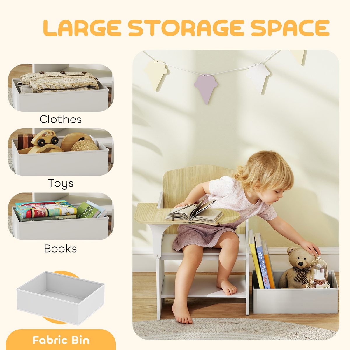 Kids Table and Chair Set, Children Desk and Chair with Storage Bin for Playing, Reading, Painting, for Ages 3-5, White