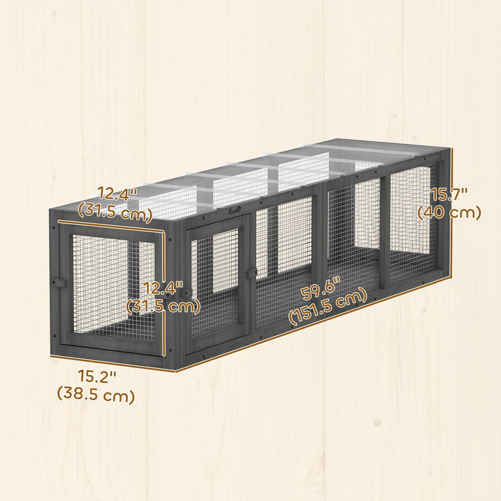 Outdoor Cat Tunnel, Wooden Play Cat Enclosure, Extendable Pet Run with 3 Doors, for Indoor and Outdoor Use, Grey
