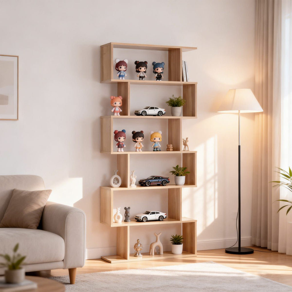 76" 6-Tier Geometric Wooden Bookcase S Shaped Storage Display Bookshelf Modern shelf Open Concept Living Room Home Office Furniture, Maple