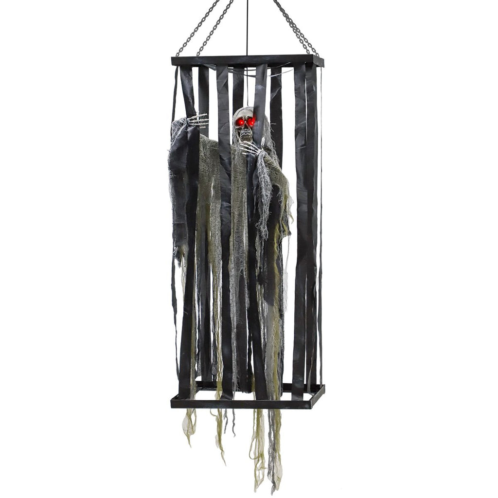Animatronics Hanging Skeleton Reaper in Cage, Voice-Activated Prop with Flashing Eyes, Easy Setup Indoor