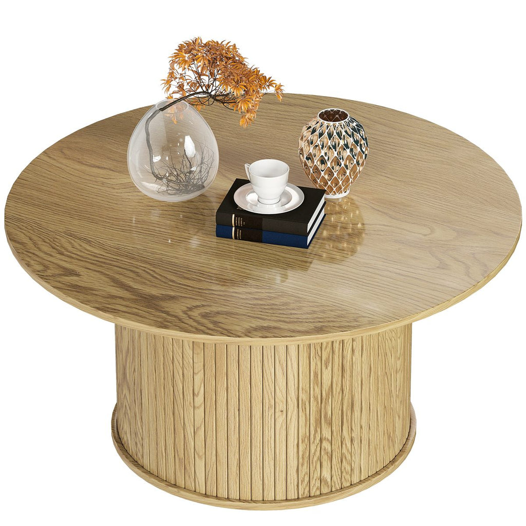 31.5" Round Coffee Table, Nordic Style Center Table with Fluted Cylindrical Base for Living Room, Oak