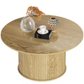 31.5" Round Coffee Table, Nordic Style Center Table with Fluted Cylindrical Base for Living Room, Oak