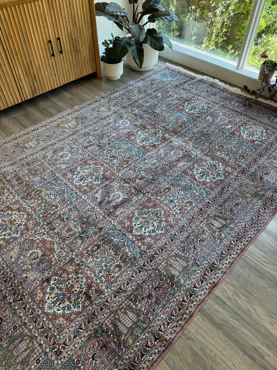 Vintage Indian Kashmir Rug — Rose & Seafoam Garden Panels | 6'0" × 8'11"