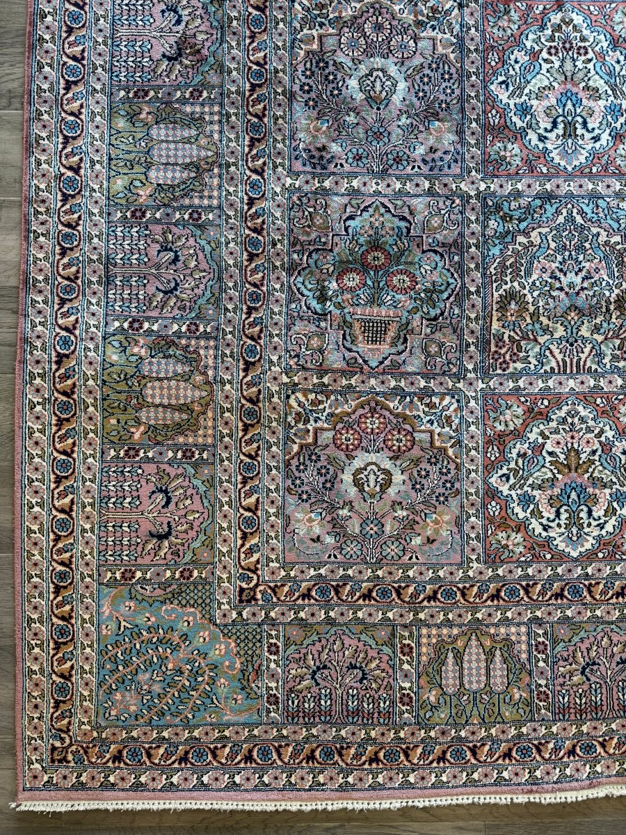 Vintage Indian Kashmir Rug — Rose & Seafoam Garden Panels | 6'0" × 8'11"