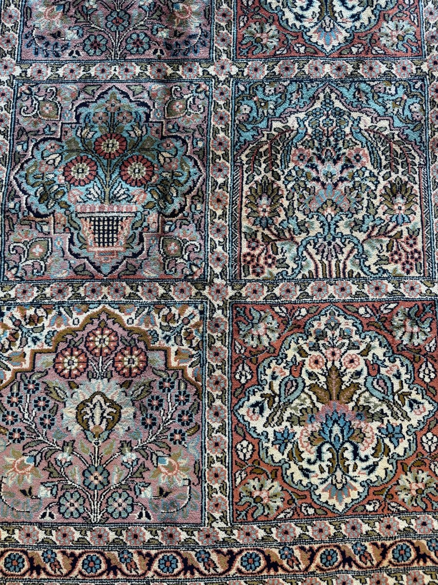 Vintage Indian Kashmir Rug — Rose & Seafoam Garden Panels | 6'0" × 8'11"
