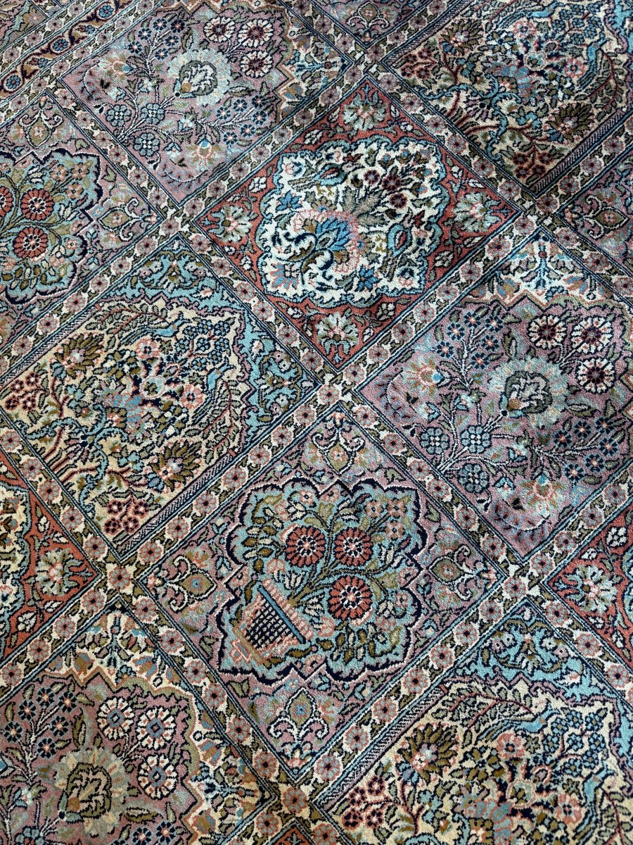 Vintage Indian Kashmir Rug — Rose & Seafoam Garden Panels | 6'0" × 8'11"