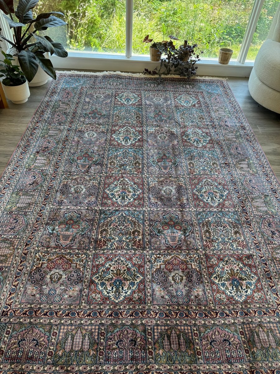 Vintage Indian Kashmir Rug — Rose & Seafoam Garden Panels | 6'0" × 8'11"