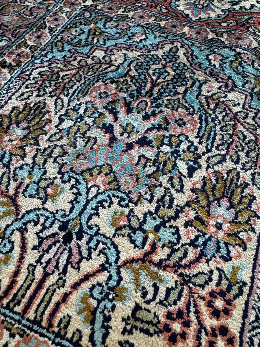 Vintage Indian Kashmir Rug — Rose & Seafoam Garden Panels | 6'0" × 8'11"