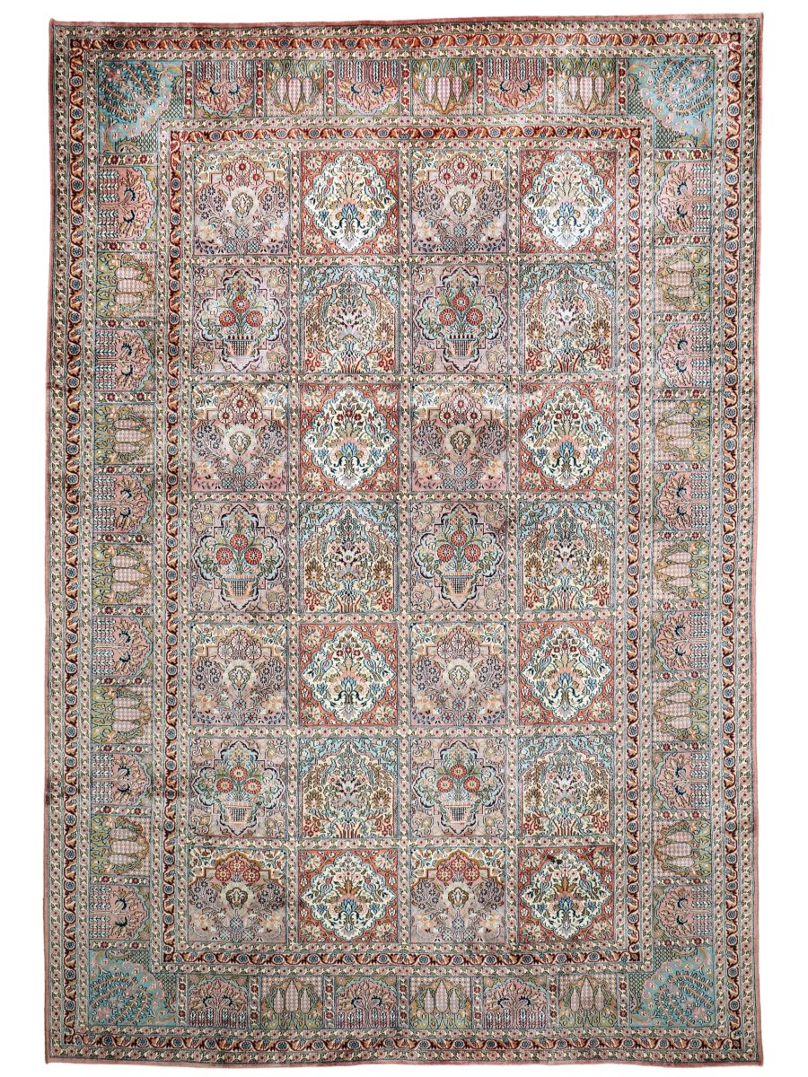 Vintage Indian Kashmir Rug — Rose & Seafoam Garden Panels | 6'0" × 8'11"