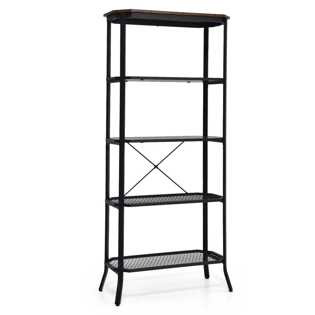 Industrial 5 Layer Bookshelf with Out Stretched Legs, Rustic Brown and Black