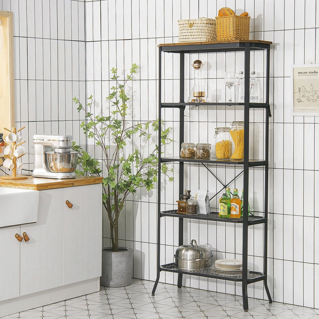 Industrial 5 Layer Bookshelf with Out Stretched Legs, Rustic Brown and Black