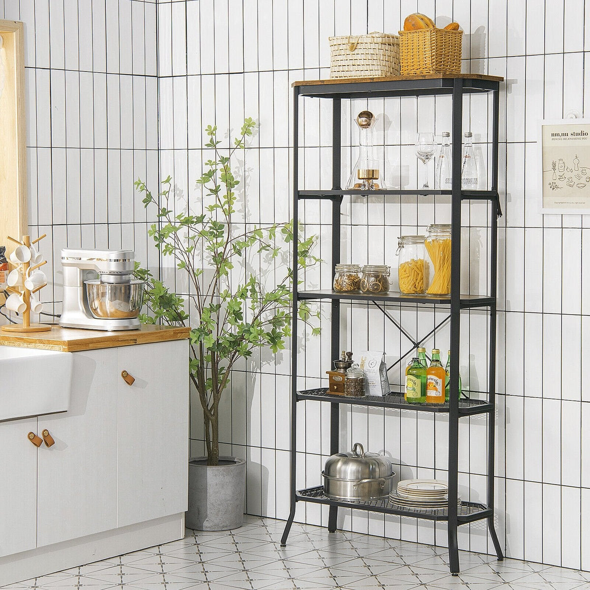 Industrial 5 Layer Bookshelf with Out Stretched Legs, Rustic Brown and Black