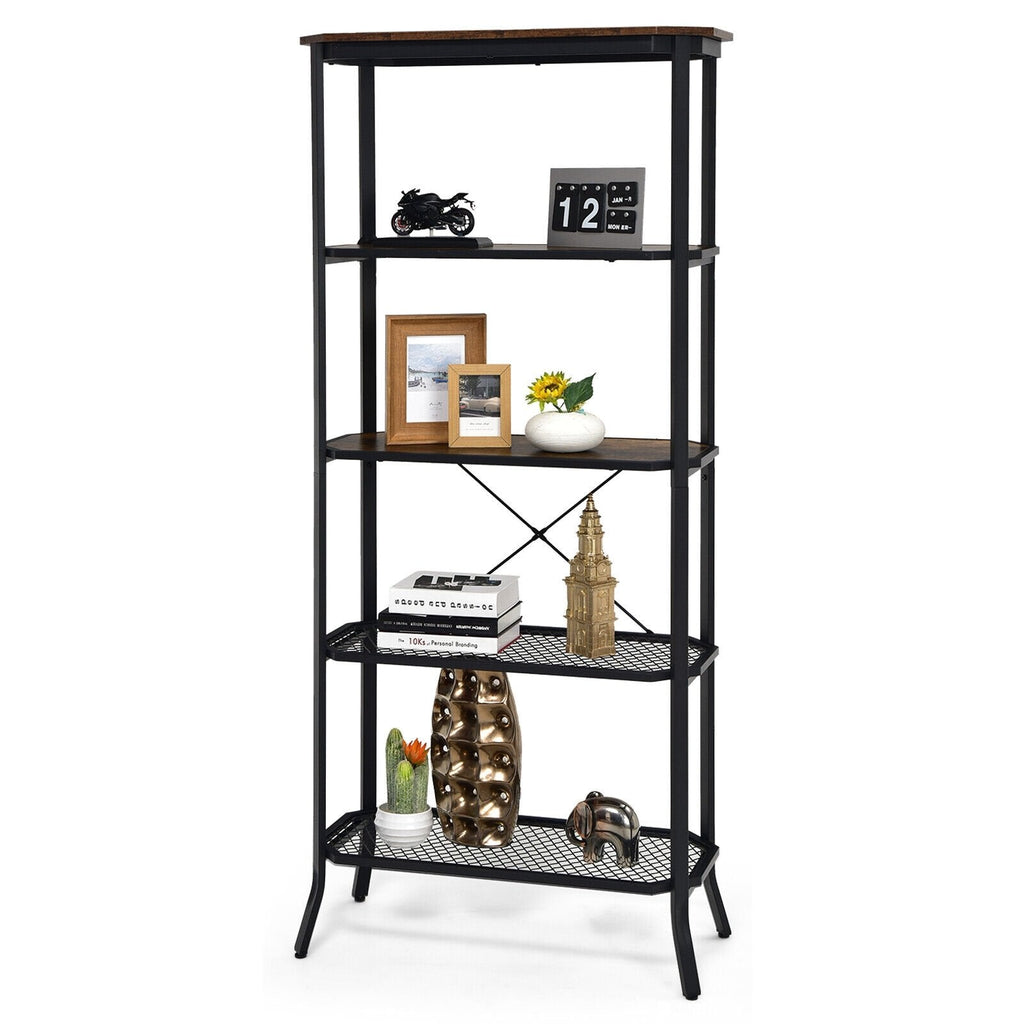 Industrial 5 Layer Bookshelf with Out Stretched Legs, Rustic Brown and Black