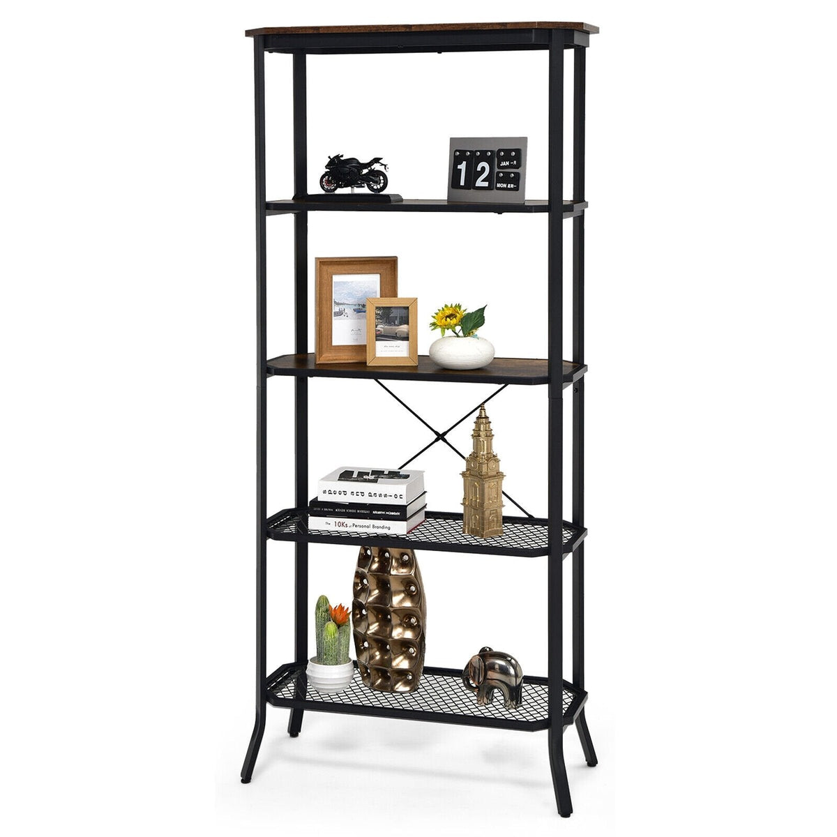 Industrial 5 Layer Bookshelf with Out Stretched Legs, Rustic Brown and Black
