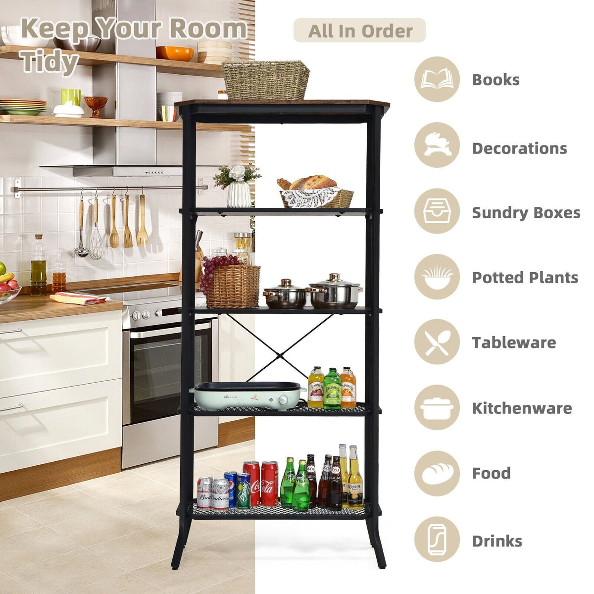 Industrial 5 Layer Bookshelf with Out Stretched Legs, Rustic Brown and Black