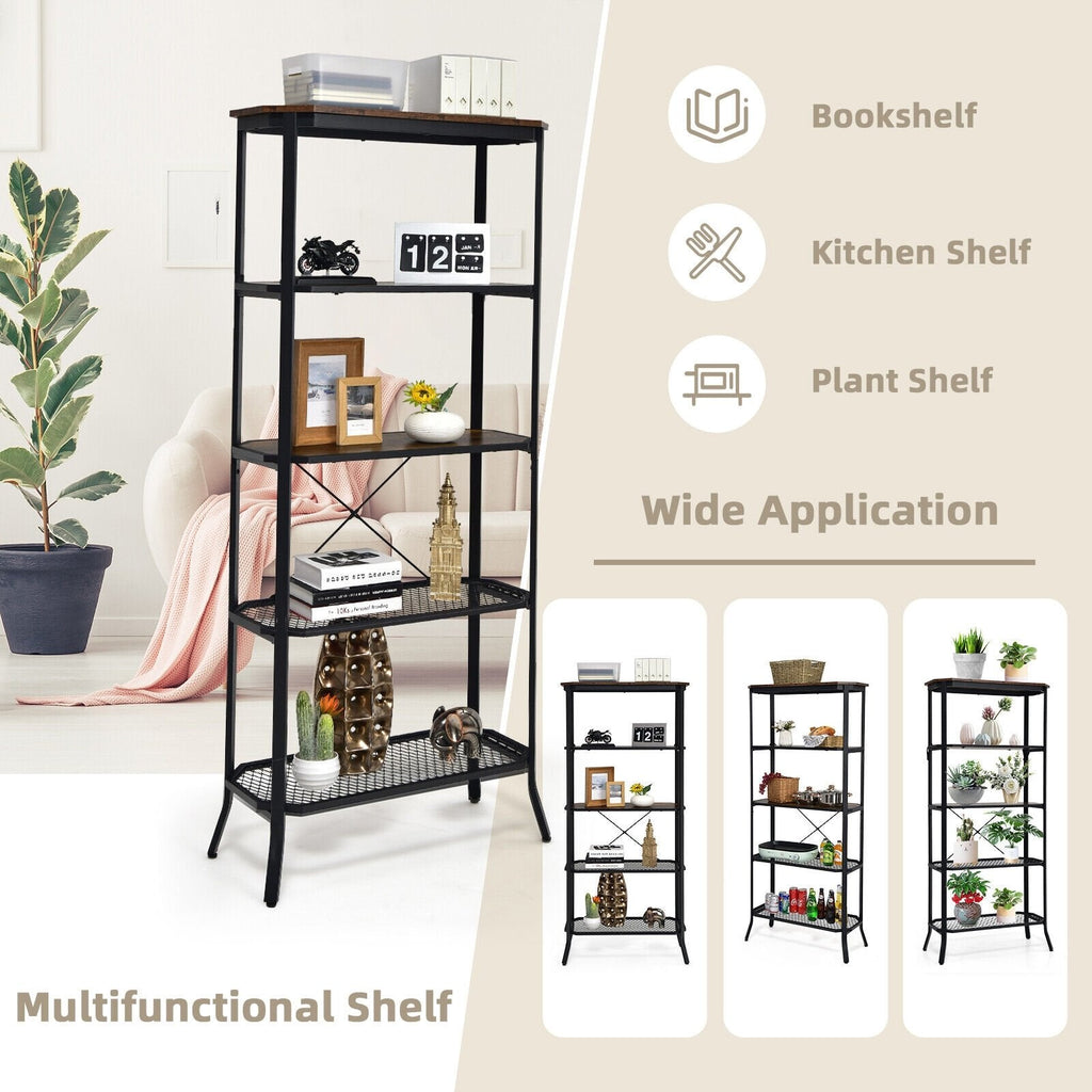 Industrial 5 Layer Bookshelf with Out Stretched Legs, Rustic Brown and Black