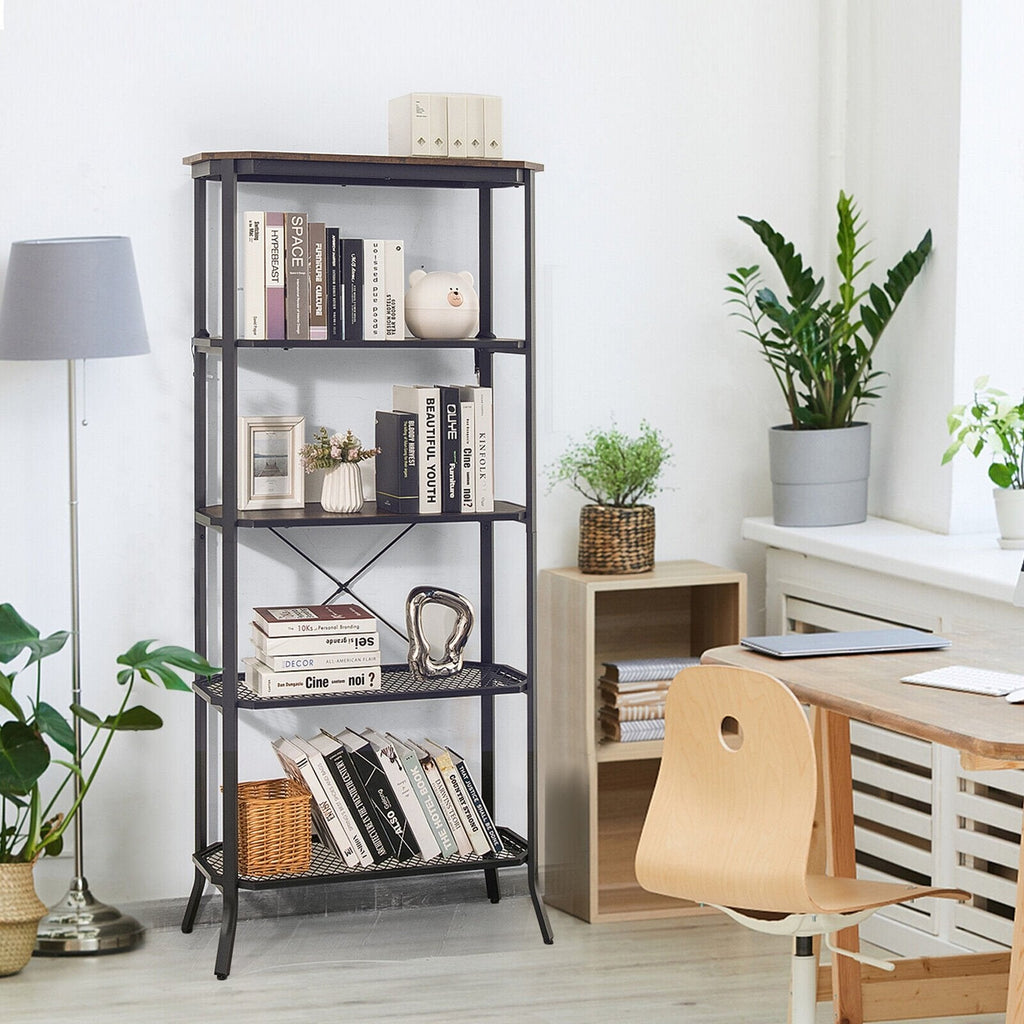 Industrial 5 Layer Bookshelf with Out Stretched Legs, Rustic Brown and Black