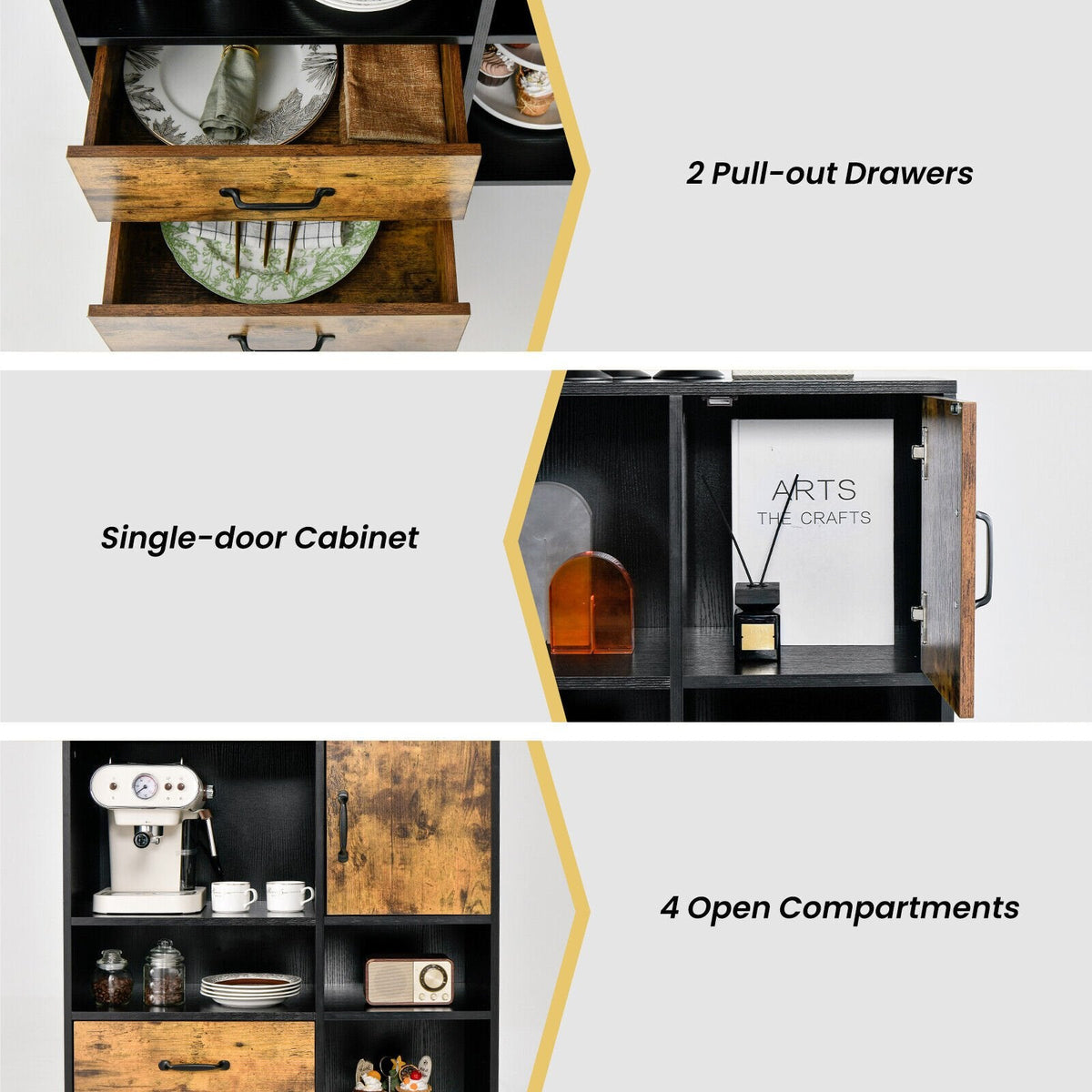Industrielles Buffet-Sideboard Küchenschrank mit Fächern und Schubladen – Rustikales Braun