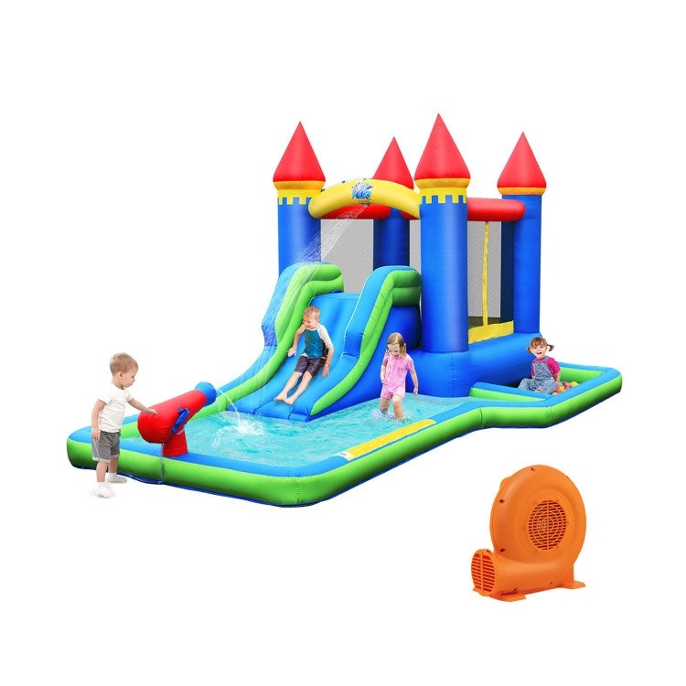 Parque acuático inflable tipo castillo con piscina de pelotas, puerta de malla de seguridad y soplador de 550 W