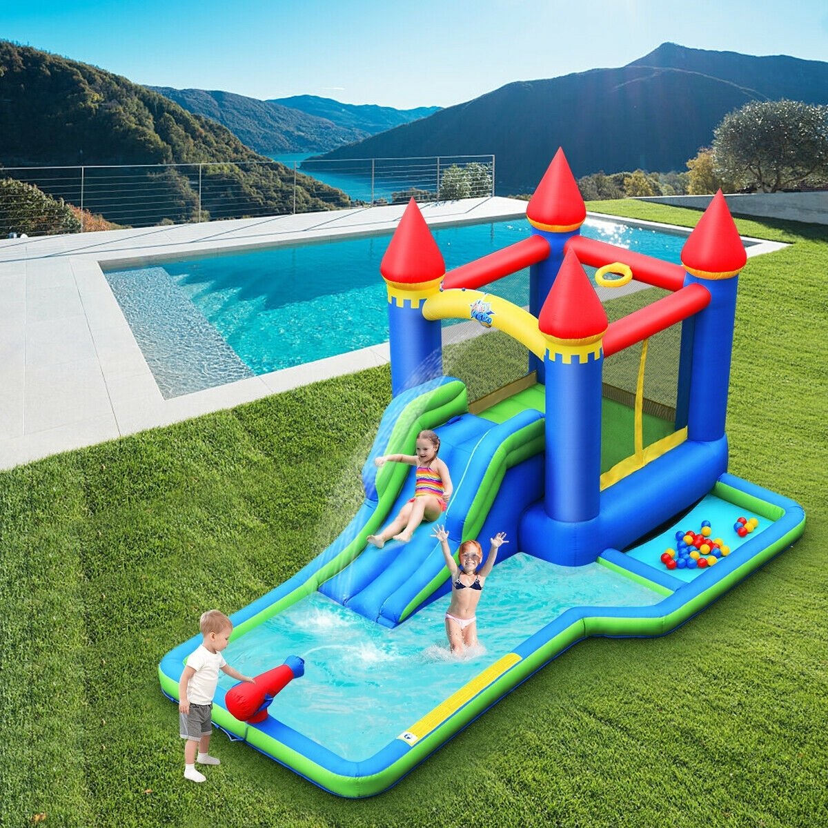 Parque acuático inflable tipo castillo con piscina de pelotas, puerta de malla de seguridad y soplador de 550 W