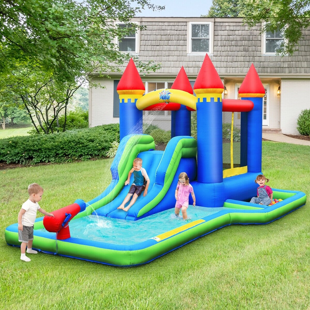 Parque acuático inflable tipo castillo con piscina de pelotas, puerta de malla de seguridad y soplador de 550 W