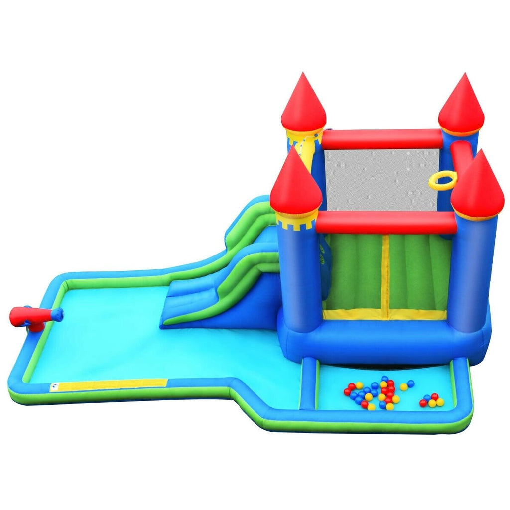 Parque acuático inflable tipo castillo con piscina de pelotas, puerta de malla de seguridad y soplador de 550 W