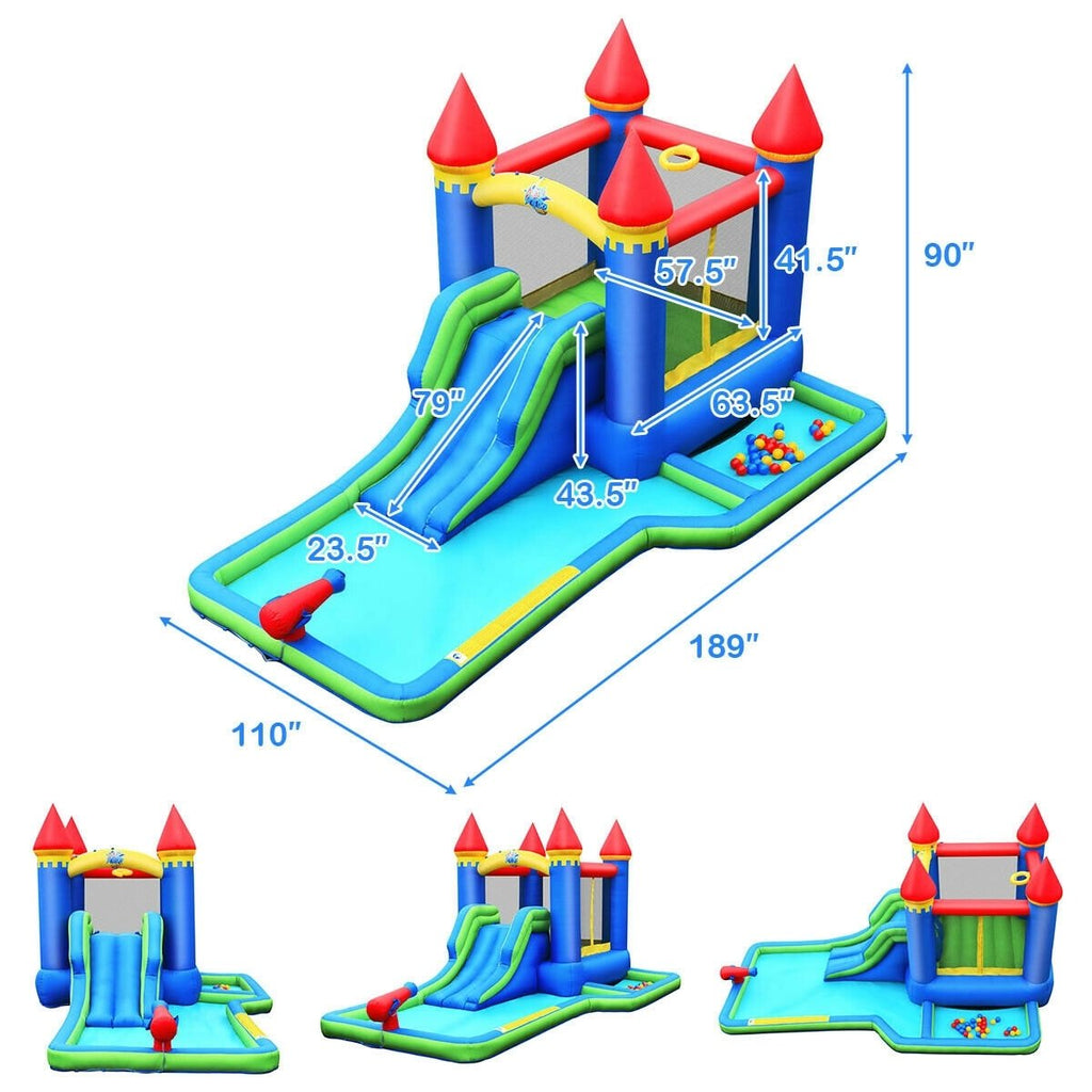 Parque acuático inflable tipo castillo con piscina de pelotas, puerta de malla de seguridad y soplador de 550 W