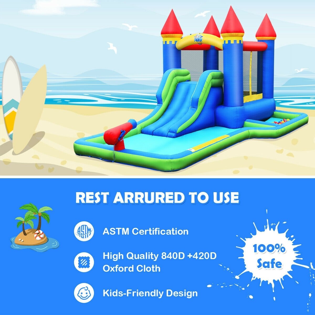 Parque acuático inflable tipo castillo con piscina de pelotas, puerta de malla de seguridad y soplador de 550 W