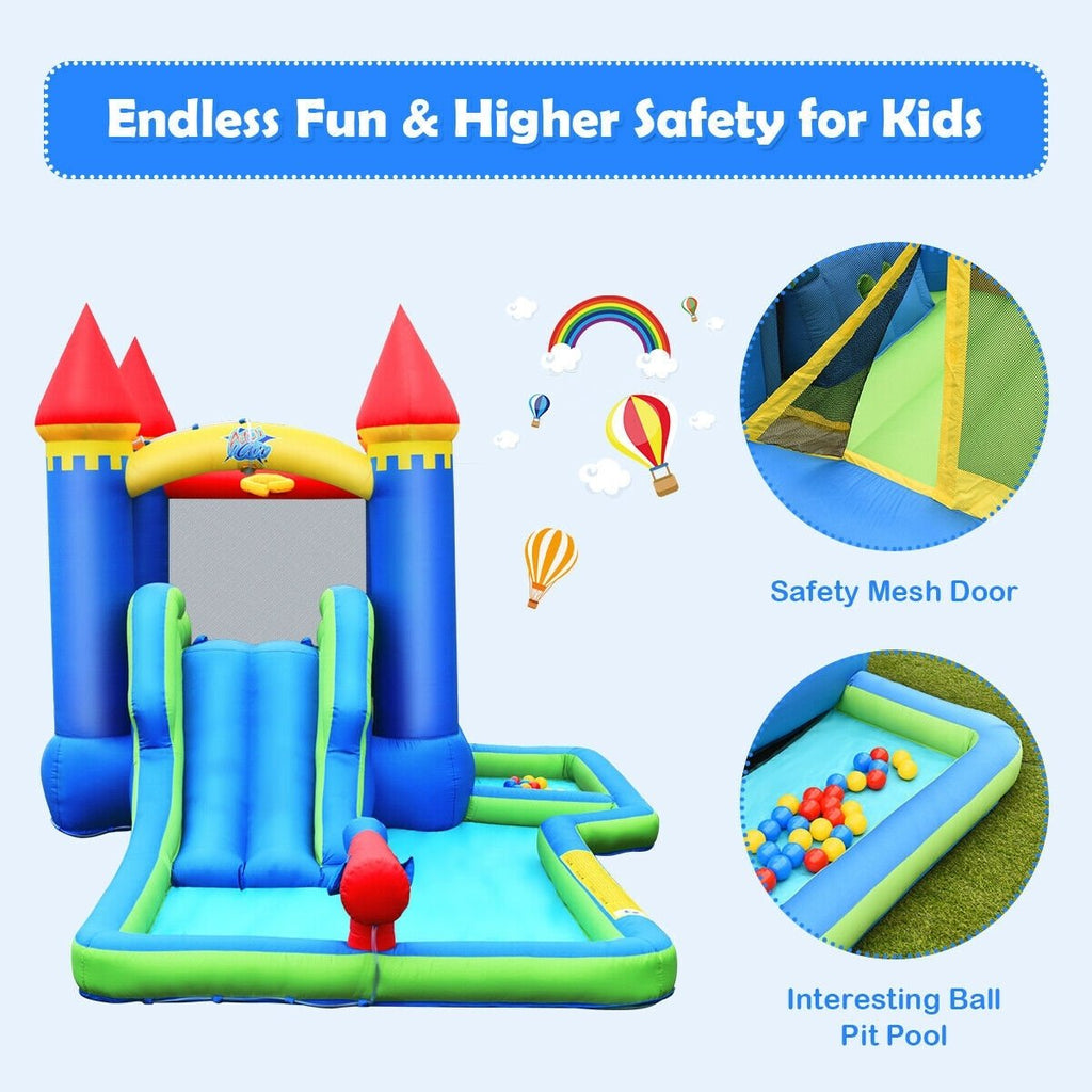 Parque acuático inflable tipo castillo con piscina de pelotas, puerta de malla de seguridad y soplador de 550 W