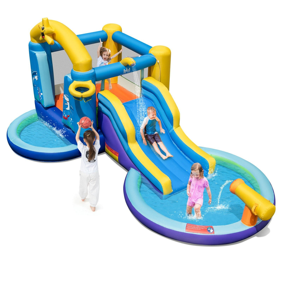 Casa inflable de salto con temática oceánica, tobogán de surf, dos piscinas y soplador de 680W
