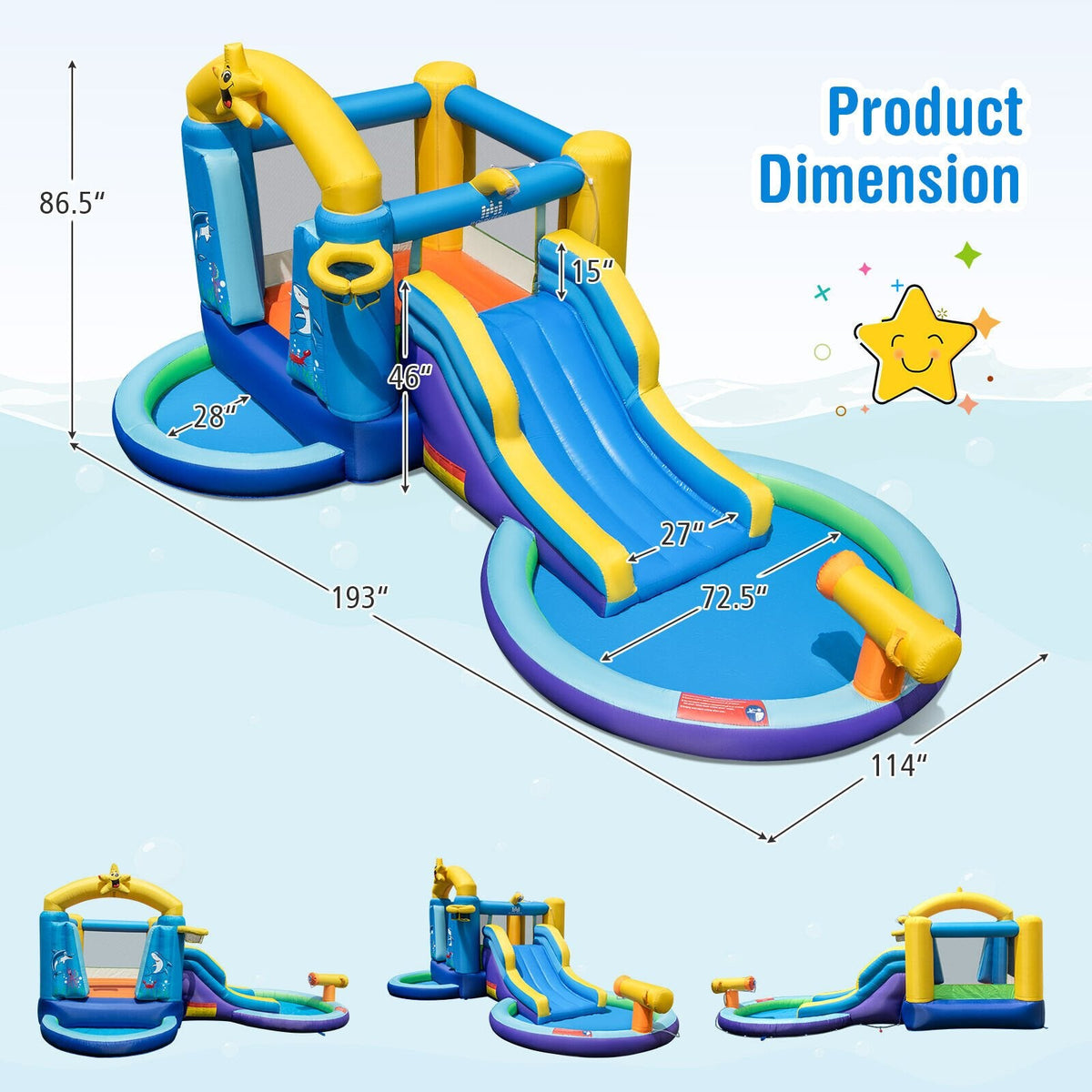 Casa inflable de salto con temática oceánica, tobogán de surf, dos piscinas y soplador de 680W