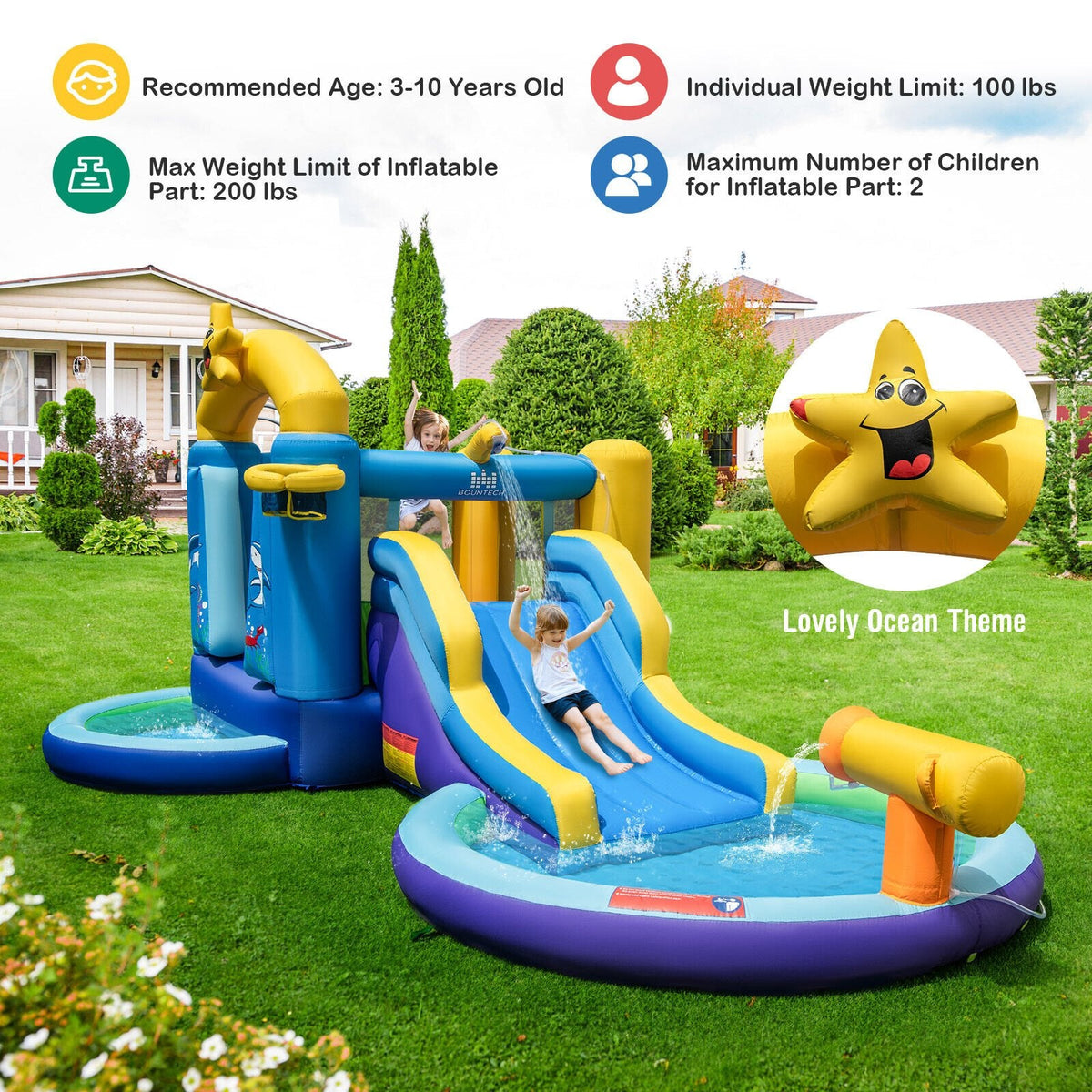 Casa inflable de salto con temática oceánica, tobogán de surf, dos piscinas y soplador de 680W
