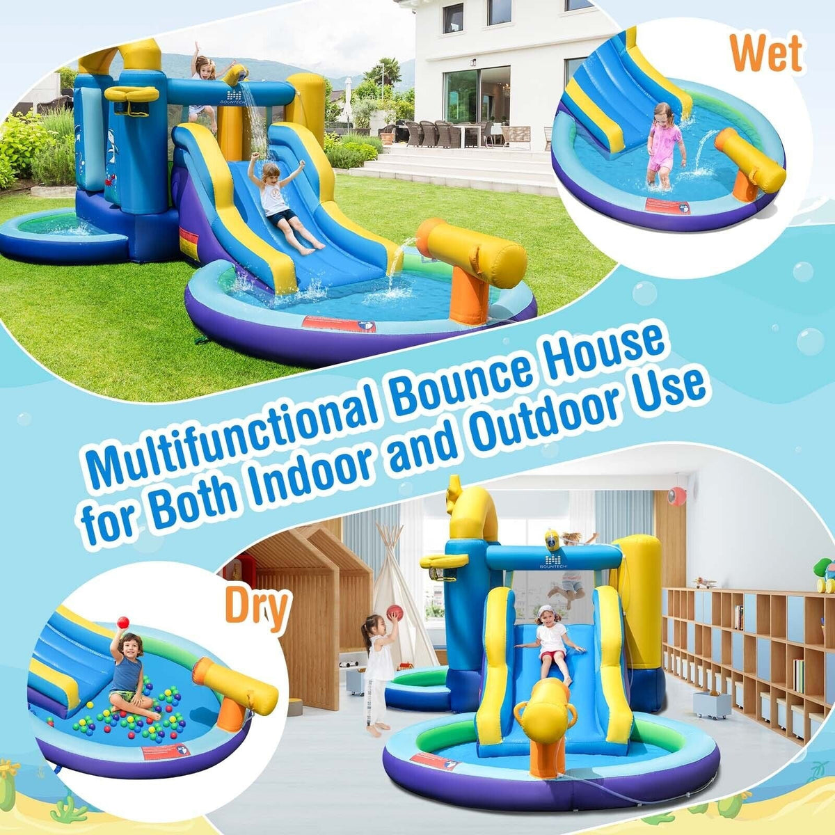 Casa inflable de salto con temática oceánica, tobogán de surf, dos piscinas y soplador de 680W