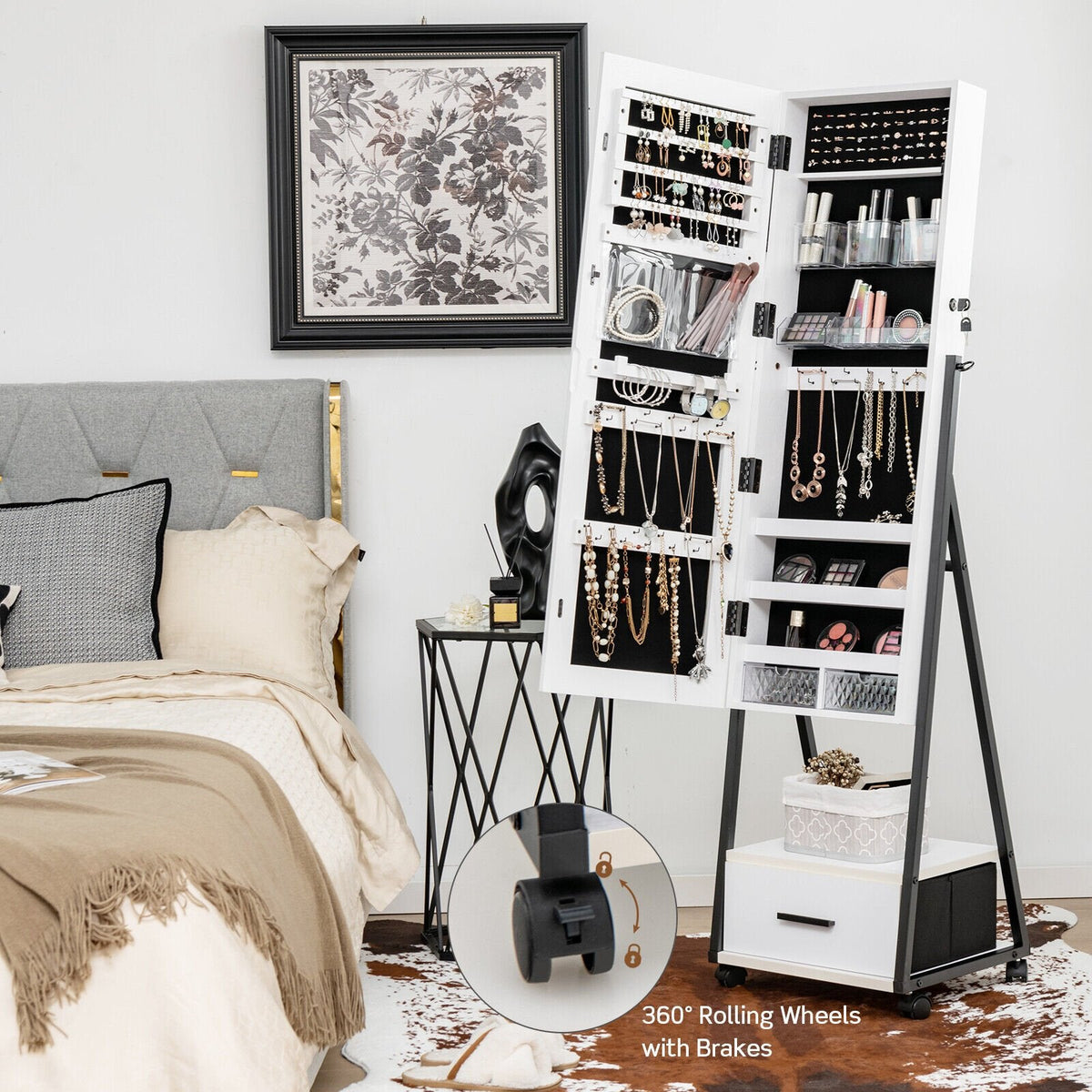 Armoire à bijoux avec miroir pleine longueur - Blanc
