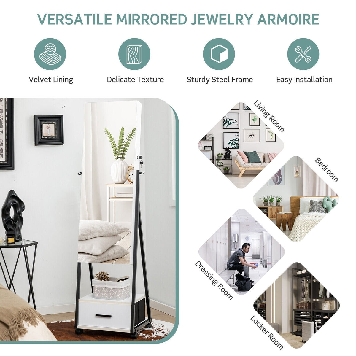 Armoire à bijoux avec miroir pleine longueur - Blanc