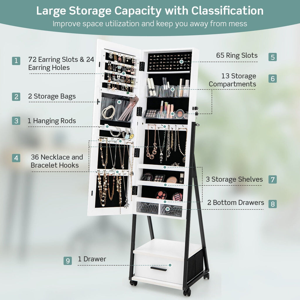 Armoire à bijoux avec miroir pleine longueur - Blanc