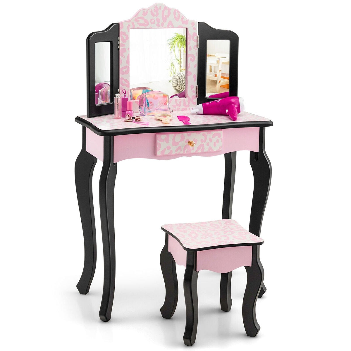 Juego de tocador infantil con espejo triple y estampado de leopardo - Rosa