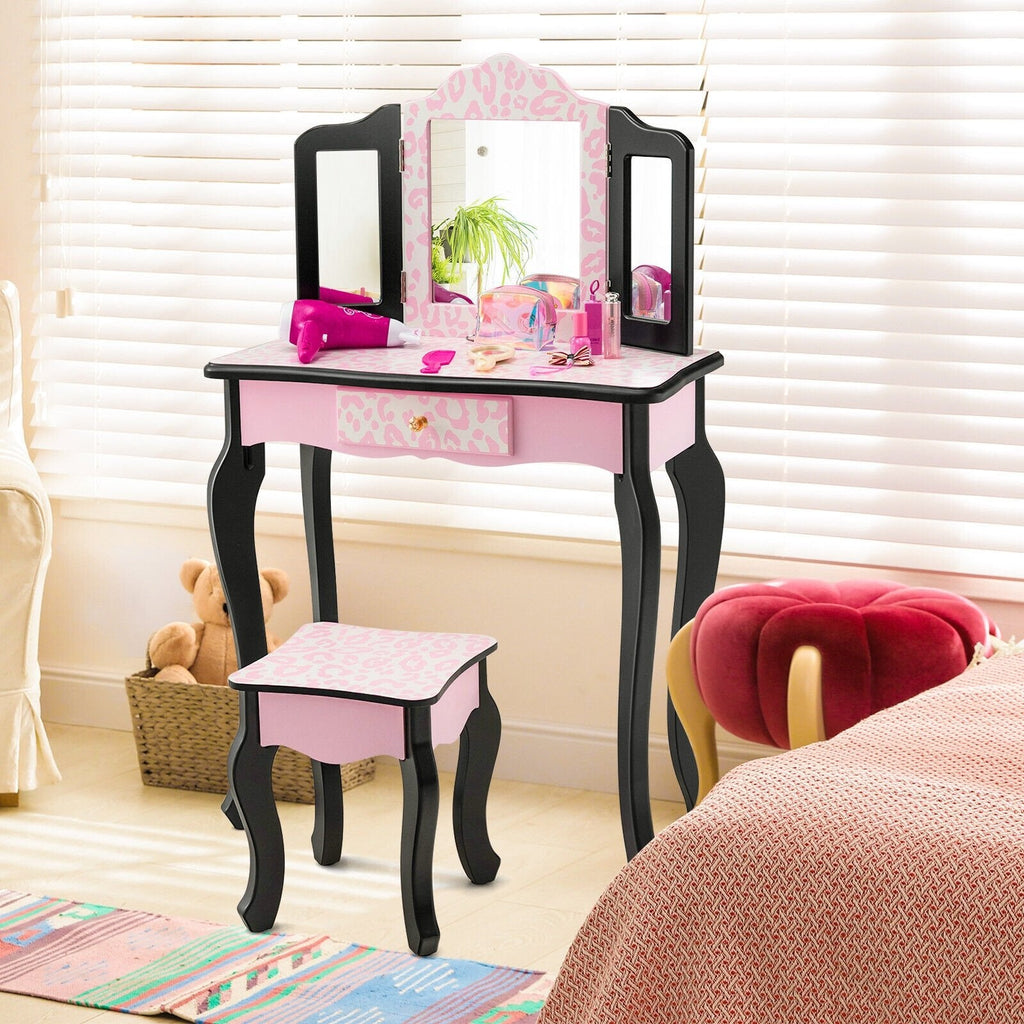 Juego de tocador infantil con espejo triple y estampado de leopardo - Rosa