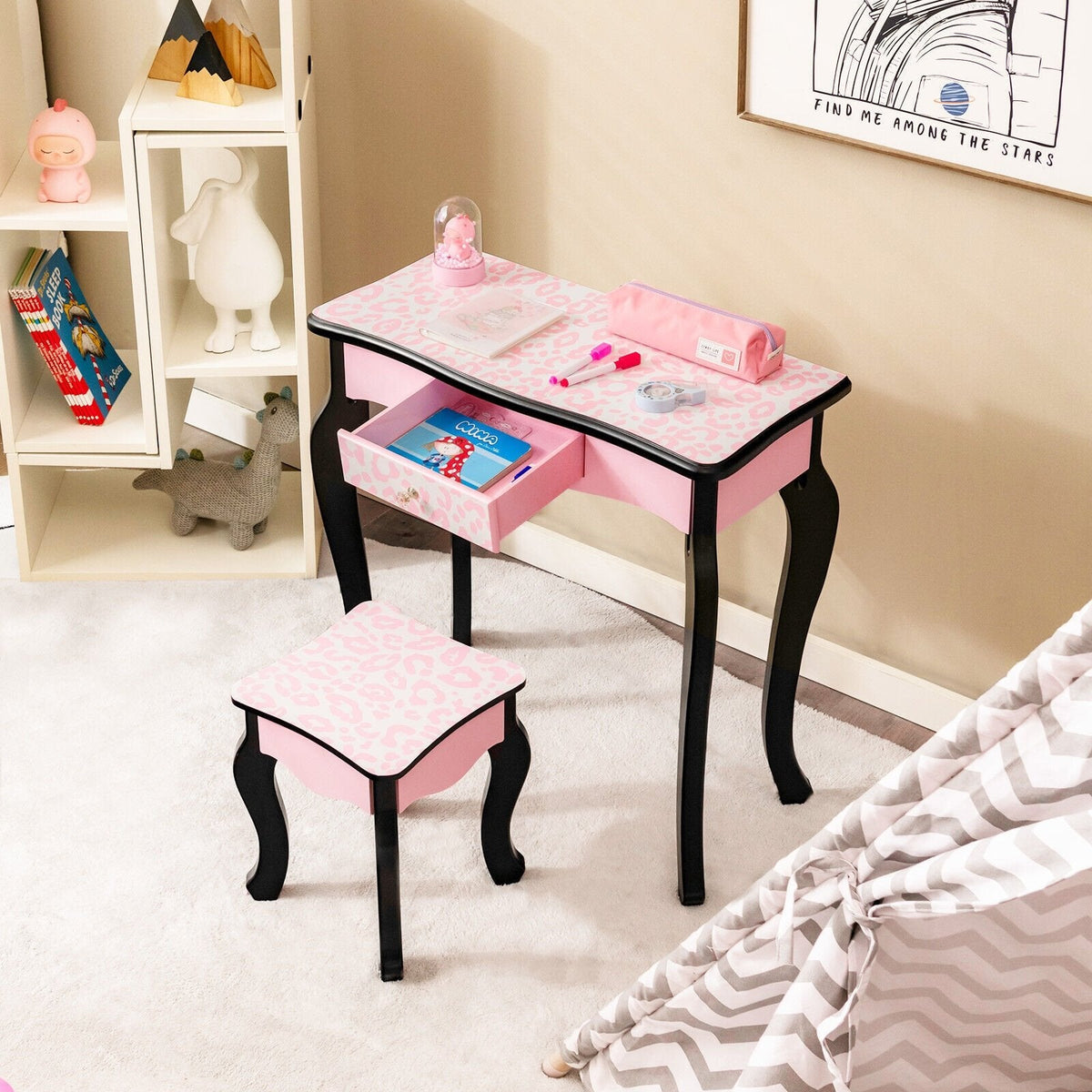 Juego de tocador infantil con espejo triple y estampado de leopardo - Rosa