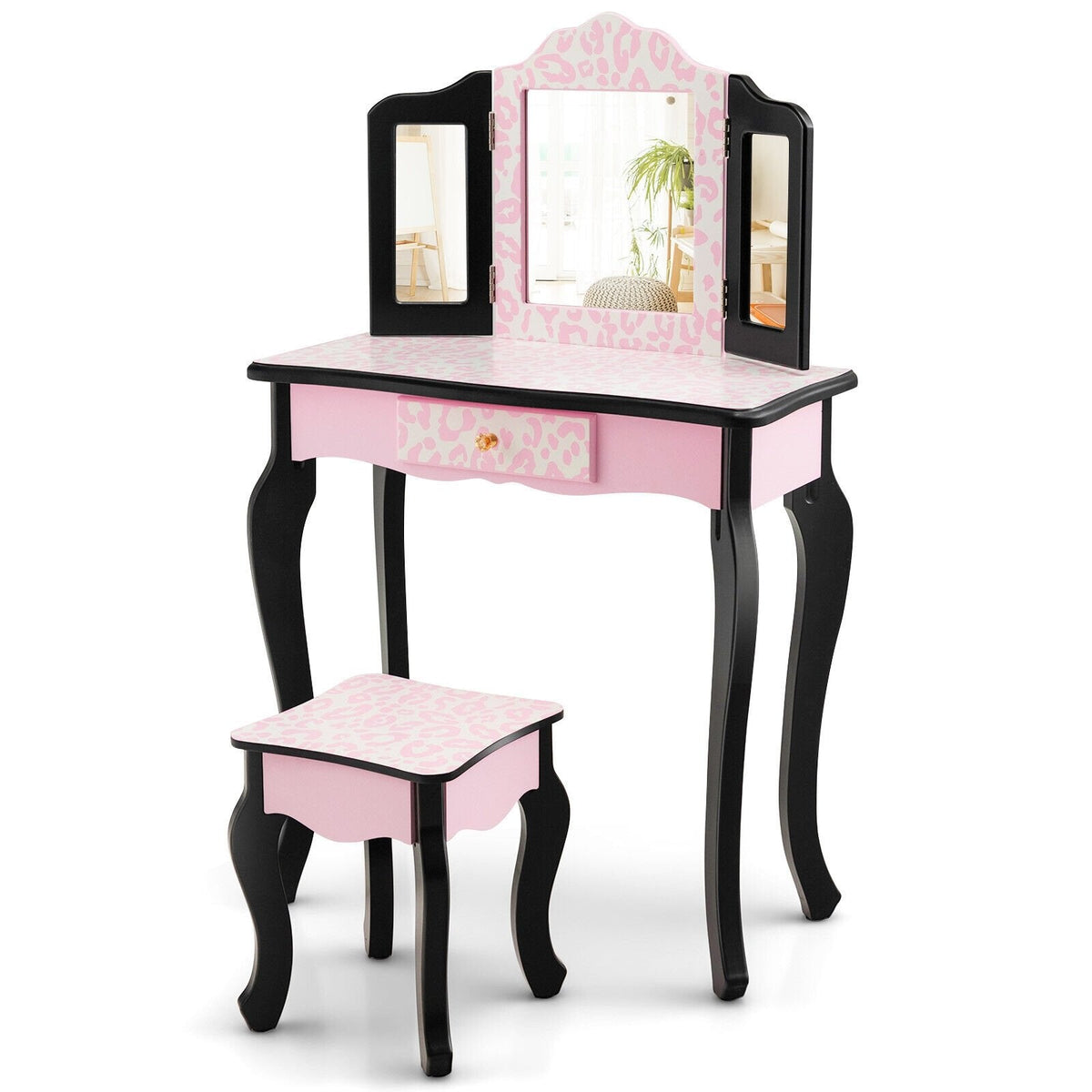 Juego de tocador infantil con espejo triple y estampado de leopardo - Rosa