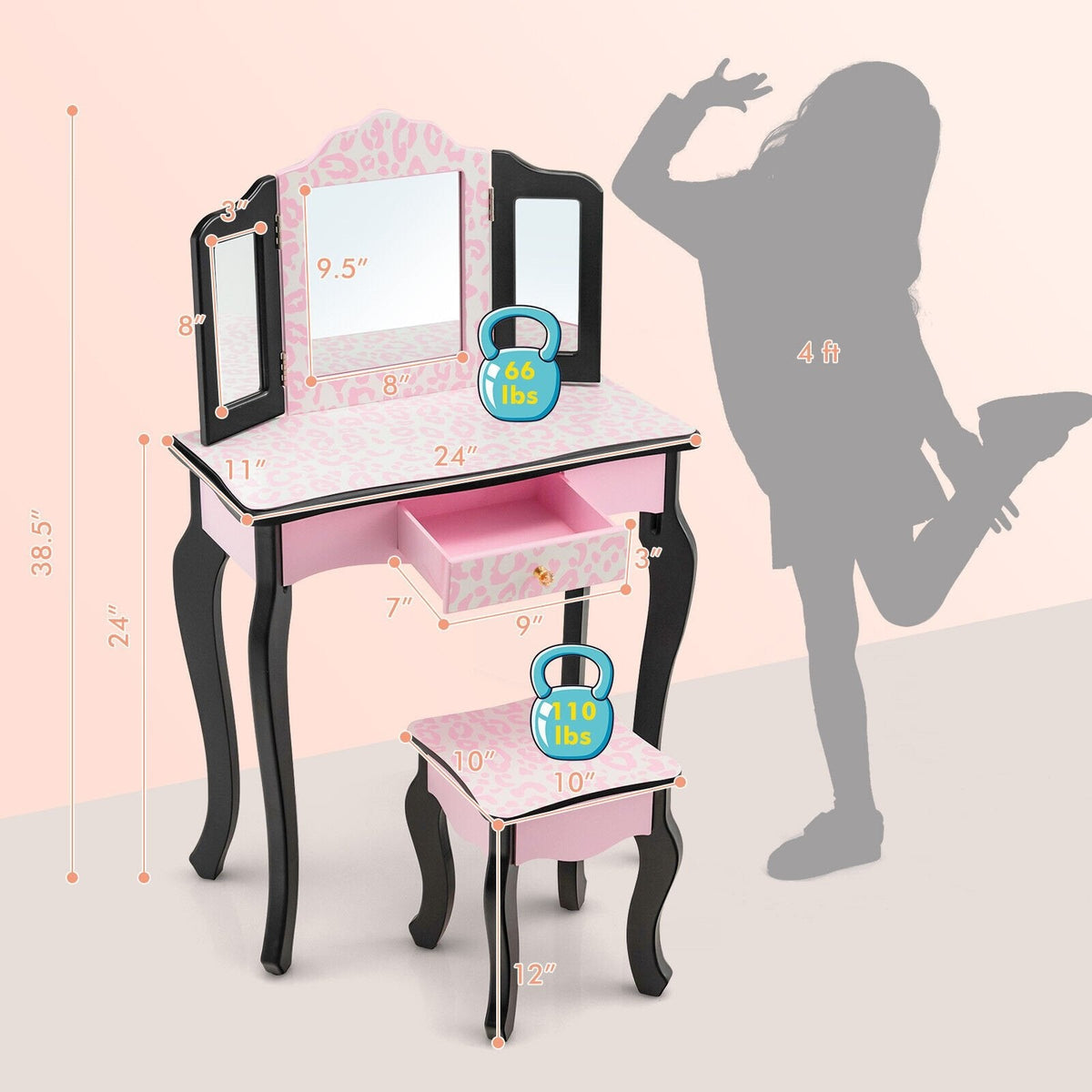 Juego de tocador infantil con espejo triple y estampado de leopardo - Rosa