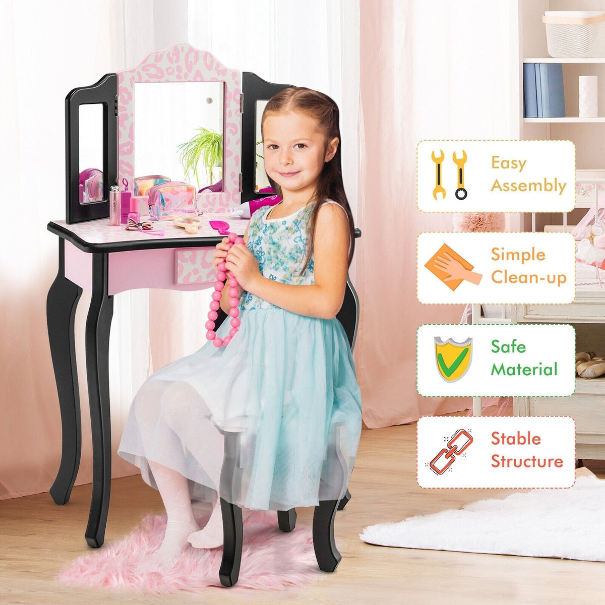 Juego de tocador infantil con espejo triple y estampado de leopardo - Rosa